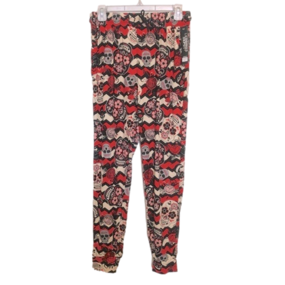 LEGGINGS DEPOT Floral Red, Gray, Black, Cream, & Pink Sugar Skull Print Joggers